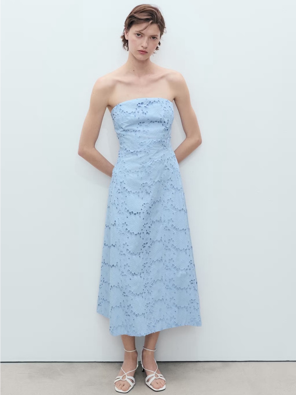 MANGO Embroidered Light Blue Strapless Midi Dress